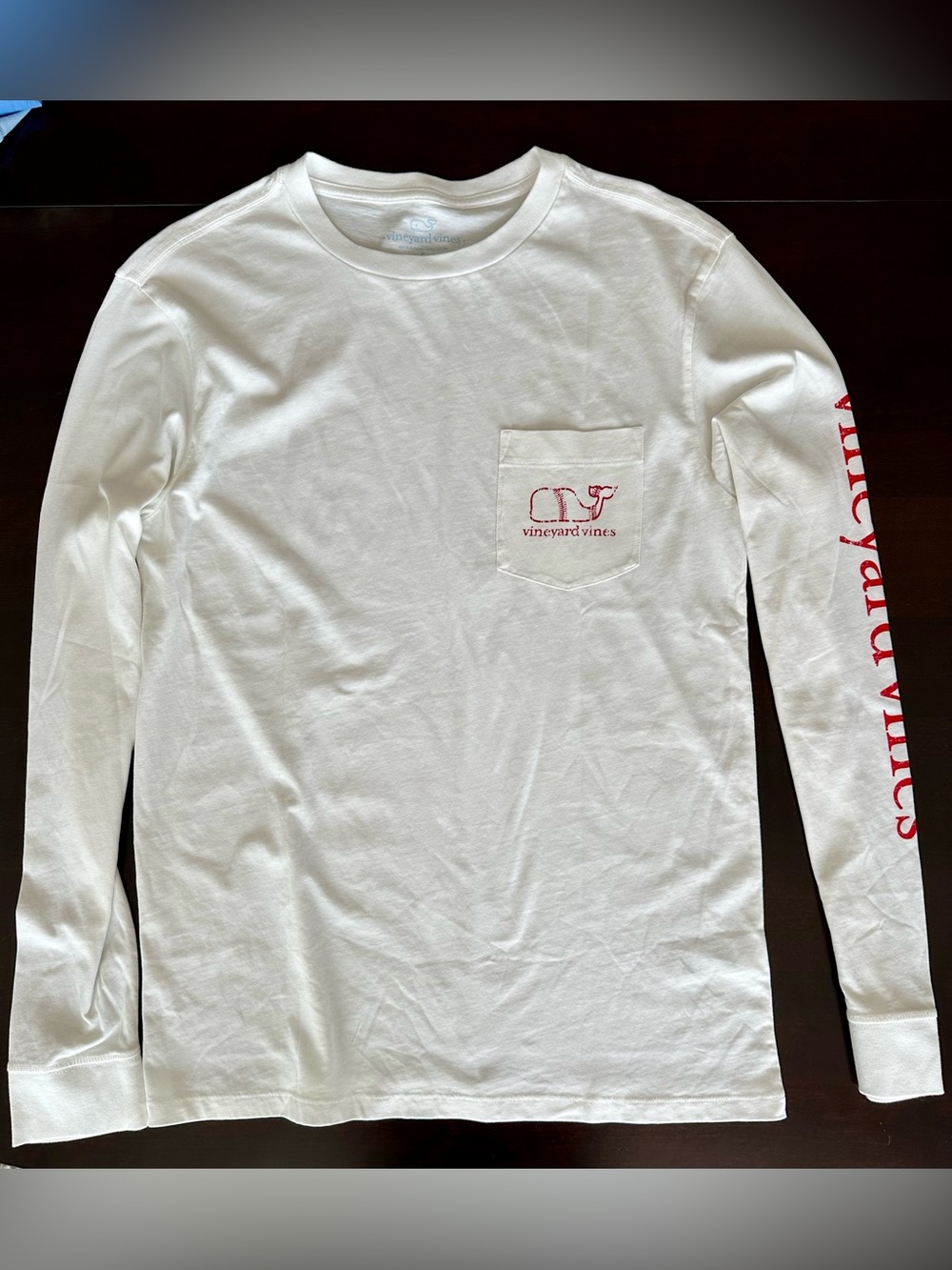 Vineyard Vines White Long-Sleeve Pocket Tee with Red Logo